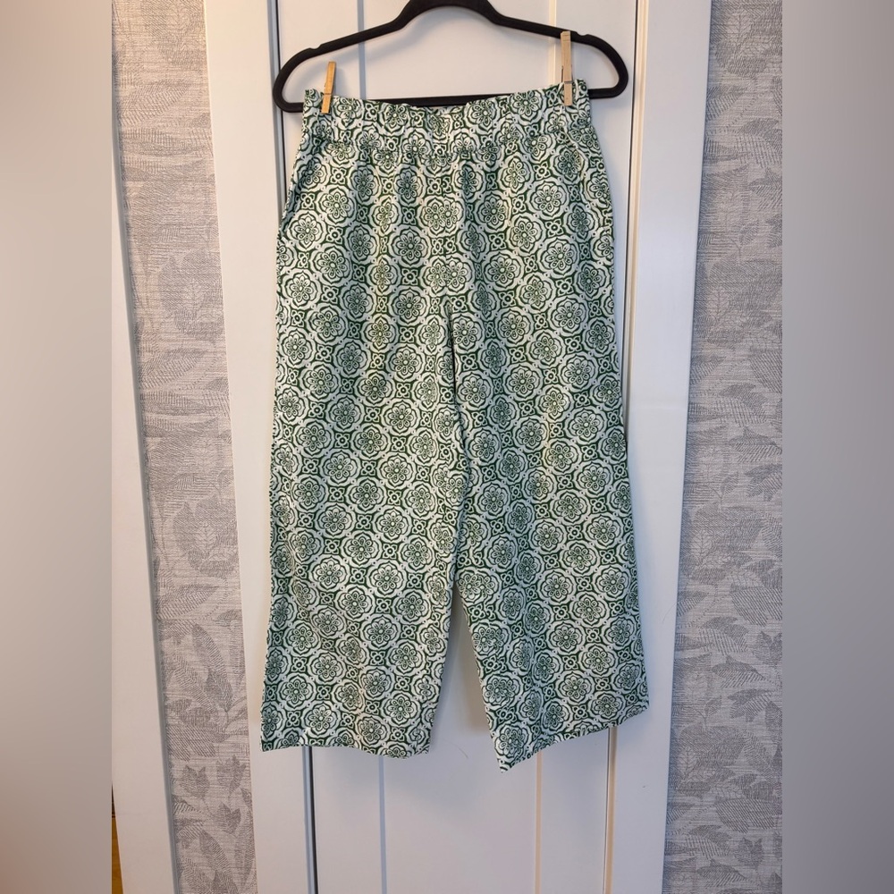 Wide Cropped Linen Cotton Blend Pants Boho Medallion Print Pockets Vacation Sz S